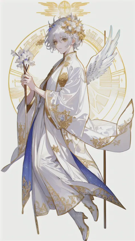 golden star々animated angel holding a long stick, flowing white robes, golden and white robe, a delicate androgynous prince, whit...