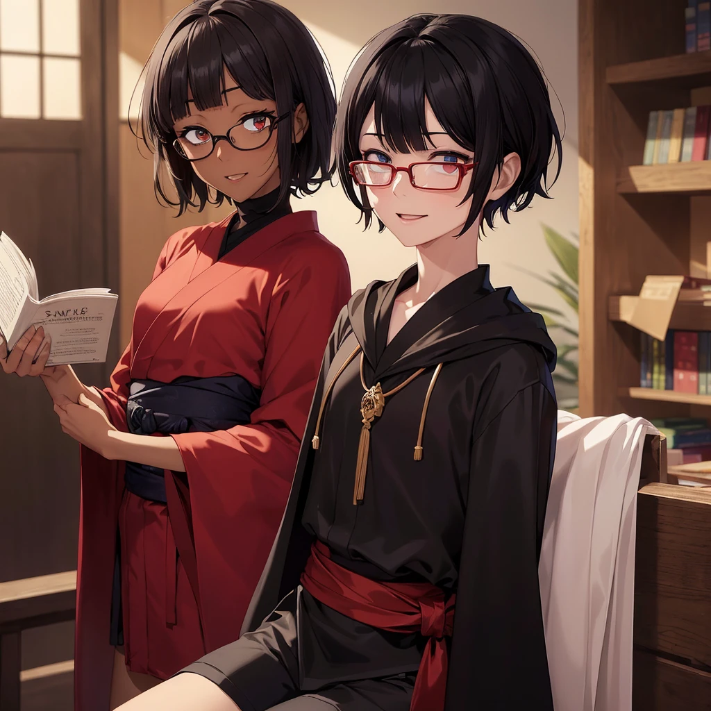 (masterpiece:1.2), highest quality, High resolution, unity 8k wallpaper, (fine and beautiful eyes), highly detailed face, Detailed CG,(boy wizard),(yukata),(blunt_bangs),,(evil smile),(black sleeveless turtleneck shirt in yukata), ,red bike shorts,(dark skin:1.3),neck tie,(very short hooded Cape),black hair,(red_eyes),glasses,very short hair,open mouth,library,(fantasy:1.5),have book,(sanpaku eyes:1.5)