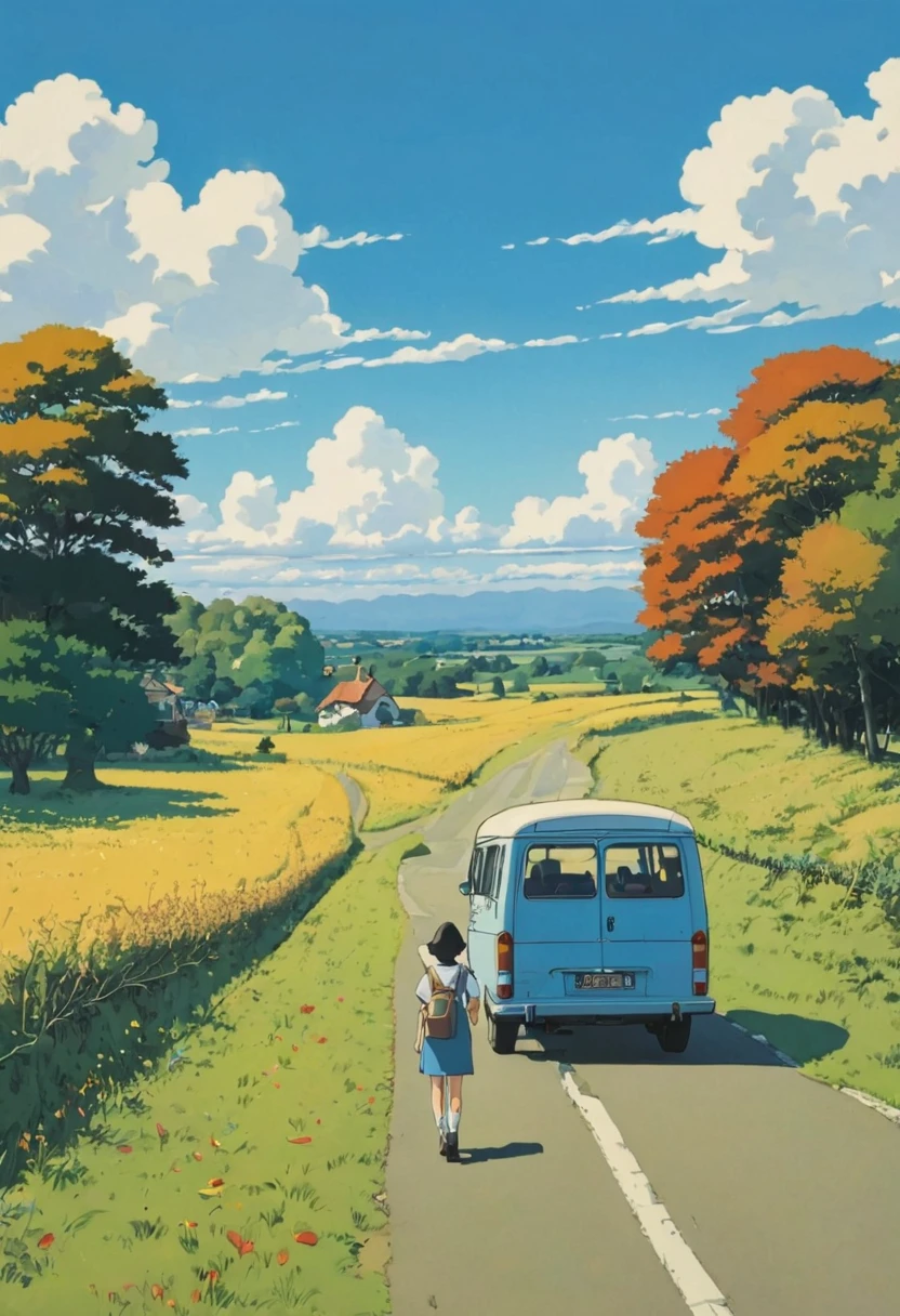 (minimalism:1.4), There is a minibus on the road, Studio Ghibli Art, Miyazaki, Pasture with blue sky and white clouds,autumn,Woman from behind