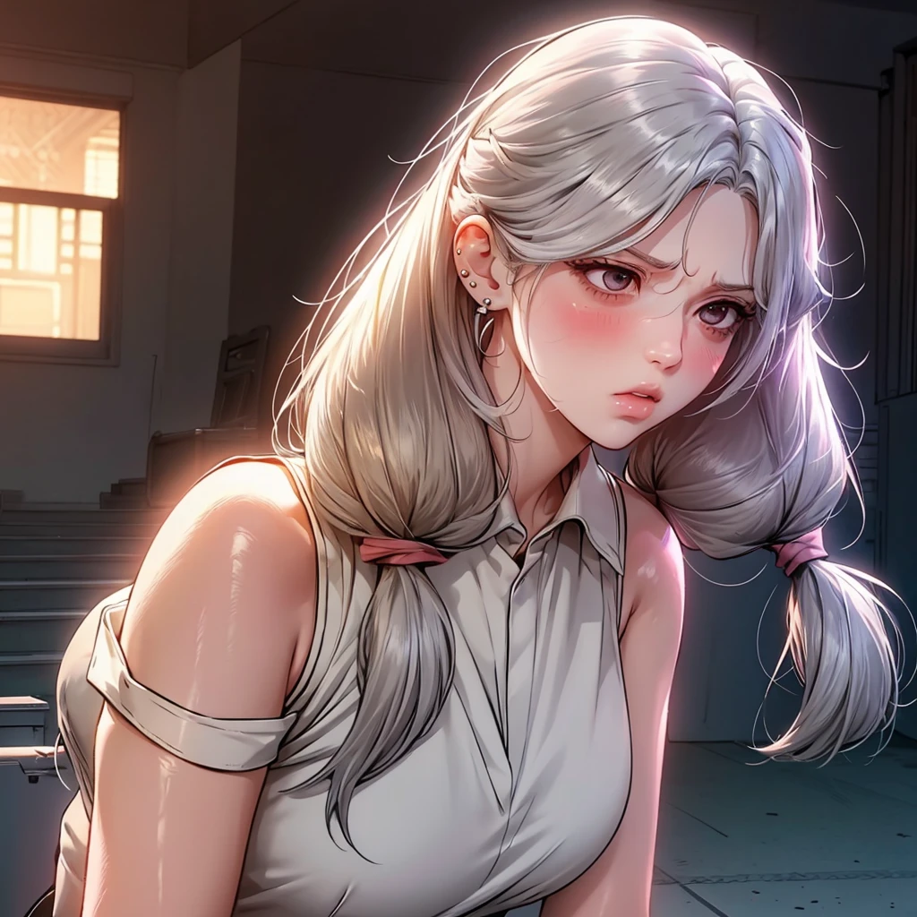 Twintails, Silver Hair, Large breasts, Earrings, Blush, Angry, Anger Vein, Simple background, Looking at the Viewer, Hair Ribbon, Depth Of Field, High Resolution, Masterpiece, Accurate, Best Quality, Detail, Award Winning, HD, UHD, School uniform, bare shoulders 