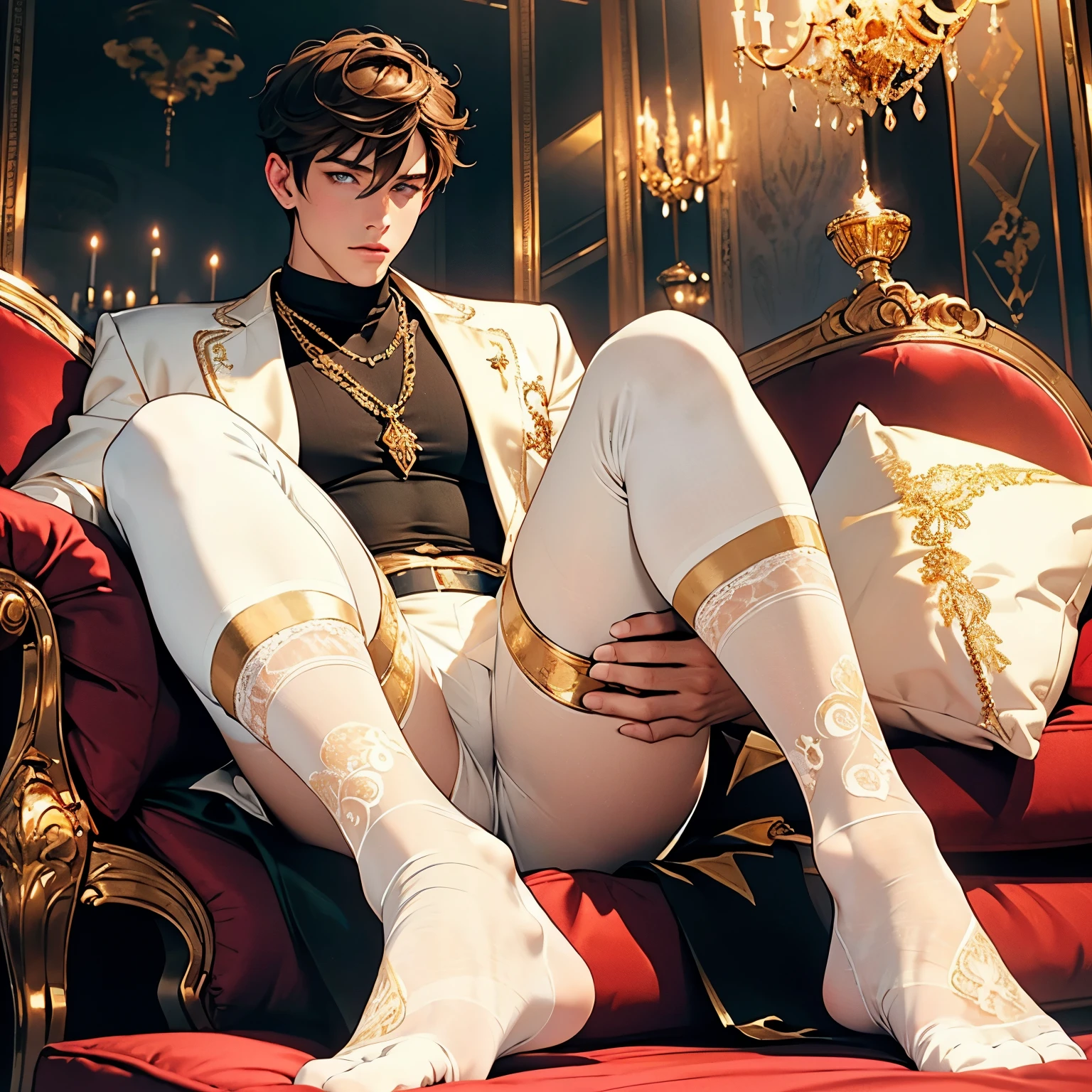 full body view photo, a young teen, blue eyes, brown hair cut fashion undercut, strong jawline, muscular, like an arrogant prince, clearly artificial beauty thanks to surgery, bimbo inflated siliconed lips, wearing luxurious gold embroidered jacket and pants, slumped on a comfortable sofa, in his socks, no shoes. He wears white lace sheer socks with gold embroidery, dozens of gold rings, bracelets, necklaces, gold jewelry. Luxurious living room, naughty style. His feet in white lace socks must be seen