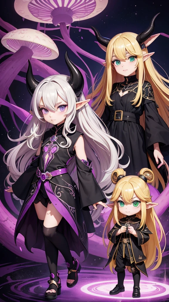 Create an illustration featuring a chibi-style character with long, flowing blonde hair adorned with black, horn-like accessories and large, expressive green eyes. They wear an elaborate black and purple dress with intricate patterns and gem-like accents. The character has pointed elf-like ears, which add to their enchanting fantasy appearance. Surrounding them are large, dark, tentacle-like appendages with pink and purple tips, enhancing their mystical aura.
Set this adorable chibi character in a dark, enchanting fantasy world. The background should evoke a sense of wonder and mystery, with elements such as twisted trees, glowing mushrooms, and ethereal mist. The atmosphere should be both whimsical and slightly ominous, creating a striking contrast with the character's playful charm and mischievous expression, making them stand out even more in this captivating environment.