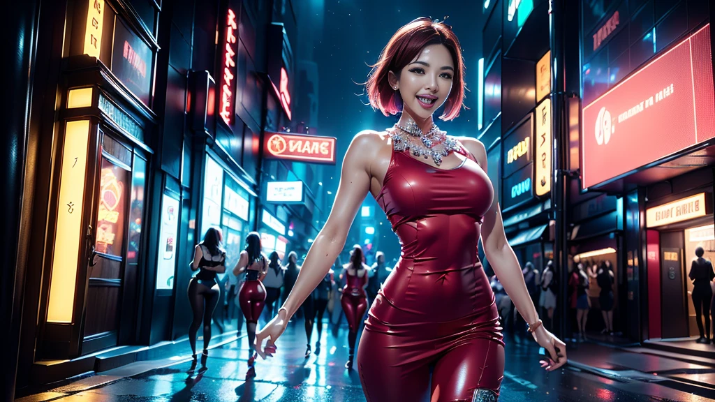 a stunning, cinematic image of an elegant woman dressed in a sleek, tight-fitting red outfit. She has short, shaved red hair and is posed inside a giant crystal champagne glass. She is laughing with her mouth open, exuding confidence and joy. Crystals are falling from the sky around her, reflecting vibrant, glowing colors in the night. The atmosphere is electrifying, with vibrant neon lights illuminating the scene, creating a surreal, vibrant club-like environment. The lighting and reflections from the crystals should be intricate and detailed, enhancing the cinematic feel of the composition