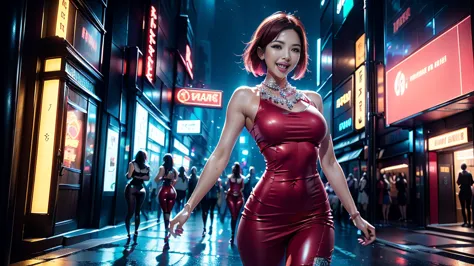 a stunning, cinematic image of an elegant woman dressed in a sleek, tight-fitting red outfit. she has short, shaved red hair and...