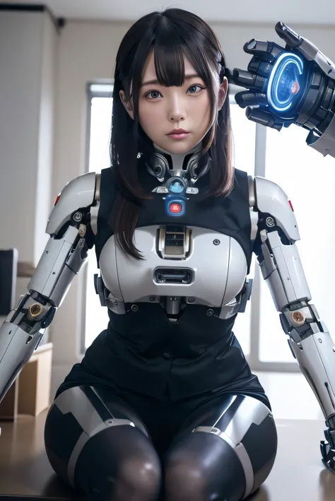 masterpiece, best quality, extremely detailed,  1girl in, japaese cyborg woman,plump , control panels,android,droid,mechanical h...