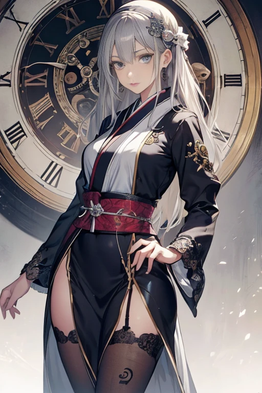 Realistic, High resolution, 1. Female, Alone, Hip Up,(Costume)， Beautiful Eyes, Gray Hair, The eyes are round, (Oyuki，clock，),Anatomically correct,
