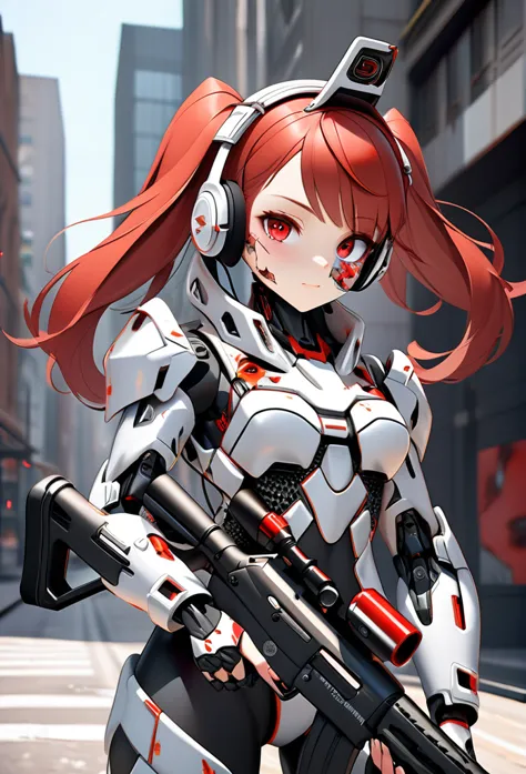 ultra-high resolution 3d digital art, one girl, robot girl, redhead, twin tails, red eyes, white and grey urban camouflage robot...