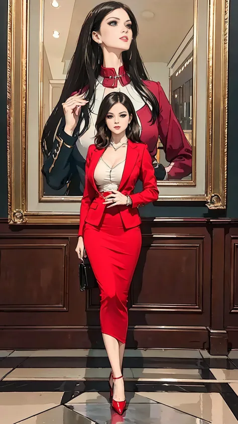 (best quality,4k,high resolution,masterpiece:1.2)),((character concept art)),female ceo,red velvet blazer,short fitted black pen...