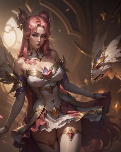 star guardian (league of legends), long hair, wings, skirt, gloves, white gloves, elbow gloves, bare shoulders, bangs, huge brea...