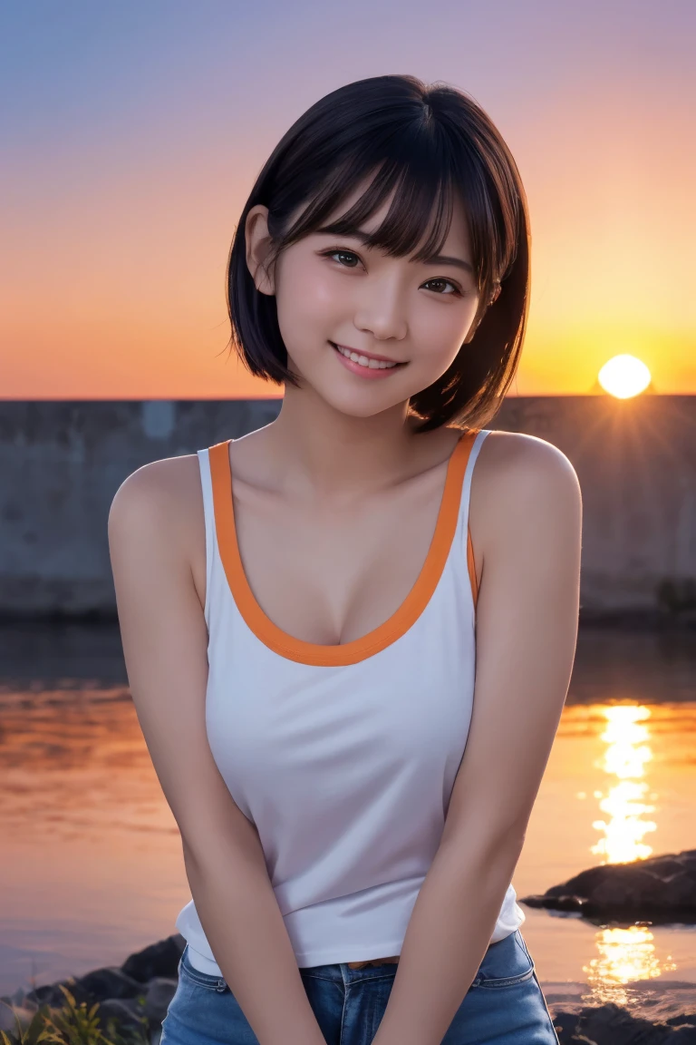 masterpiece, Best Quality, One Woman, (RAW Photos, Best Quality), (reality, Realistic:1.4), Clean look、Iris、Very detailed eyes and face, Beautiful and detailed nose, beautiful eyes, Perfect Anatomy, Black short hair、bangs、Orange tank top, Shorts、Mid-chest、 Glowing Skin,(Light on the cheeks)、A cool smile、( Sunset background:1.4),