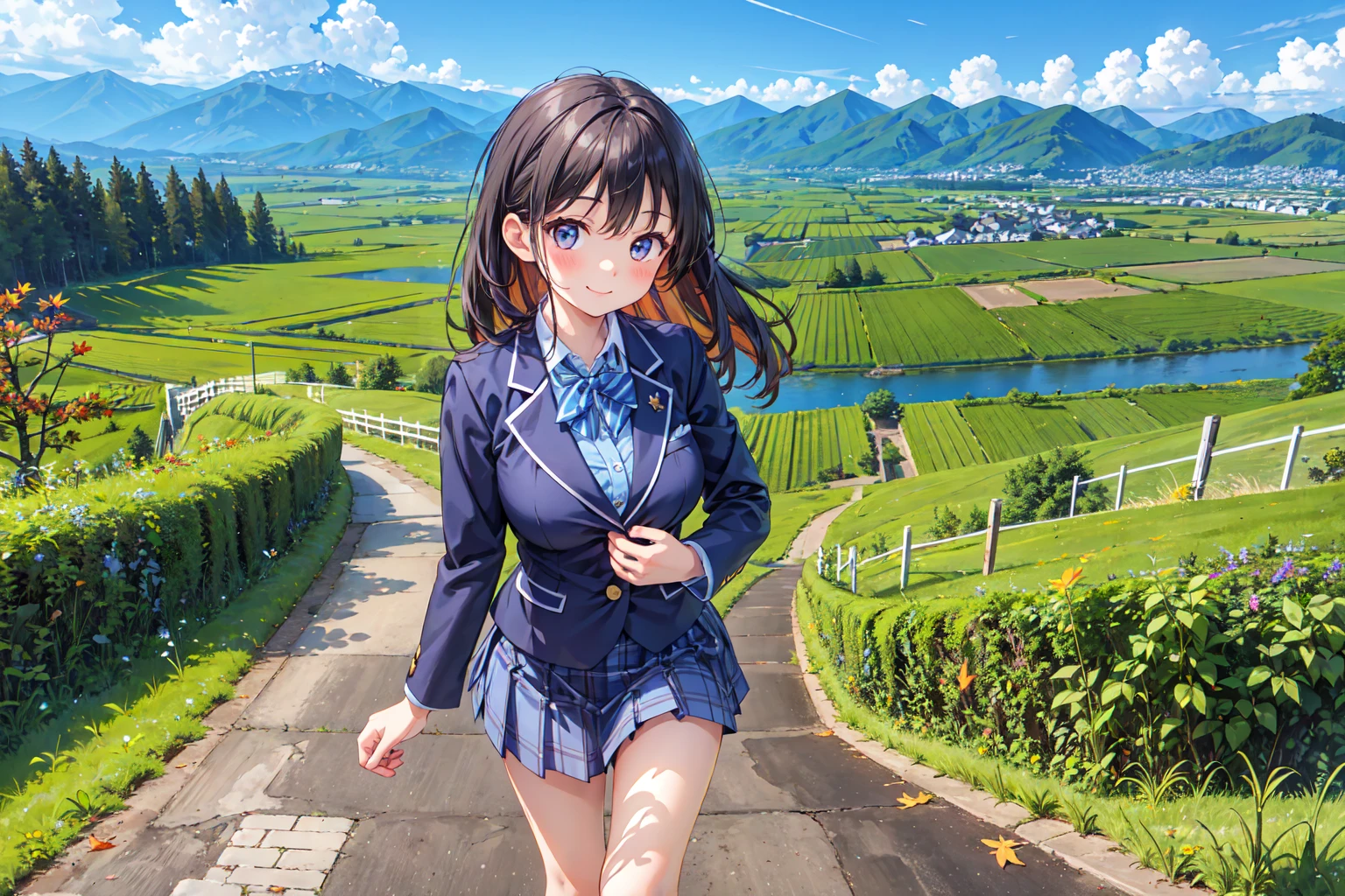 (((Masterpiece, 16k, Highest quality, Ultra-high resolution, Depth of subject))), ((Very detailed, Japanese countryside scenery, autumn leaves)), (((High school girl in blazer uniform, friend, 3 people, skirt, Big Breasts, Very beautiful and detailed girl, Accurate body structure, Accurate body movements, Very detailedボディ))), While walking, While chatting, With a very cute smile, On the way home, 3pm, Peaceful scenery, Warm sunshine, Very accurate perspective, Super Wide View