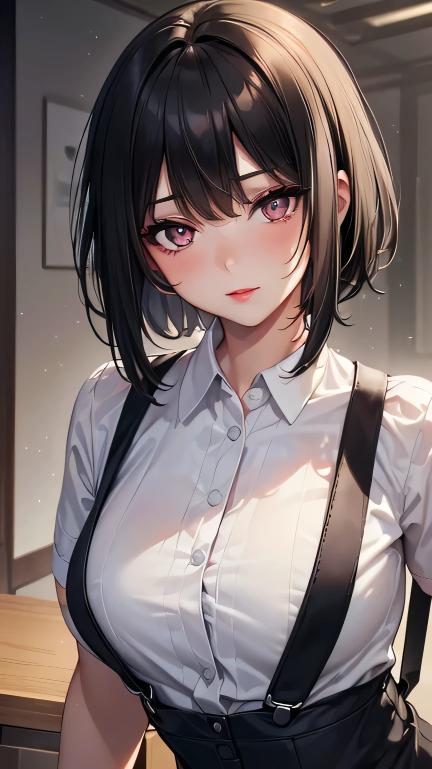 (The best quality at its best,8k,High resolution,masterpiece:1.2),Digital Art, One Girl，Detailed face，Fine grain，Black Hair，Short Straight Hair，Glowing grey eyes，Red lips，suspenders