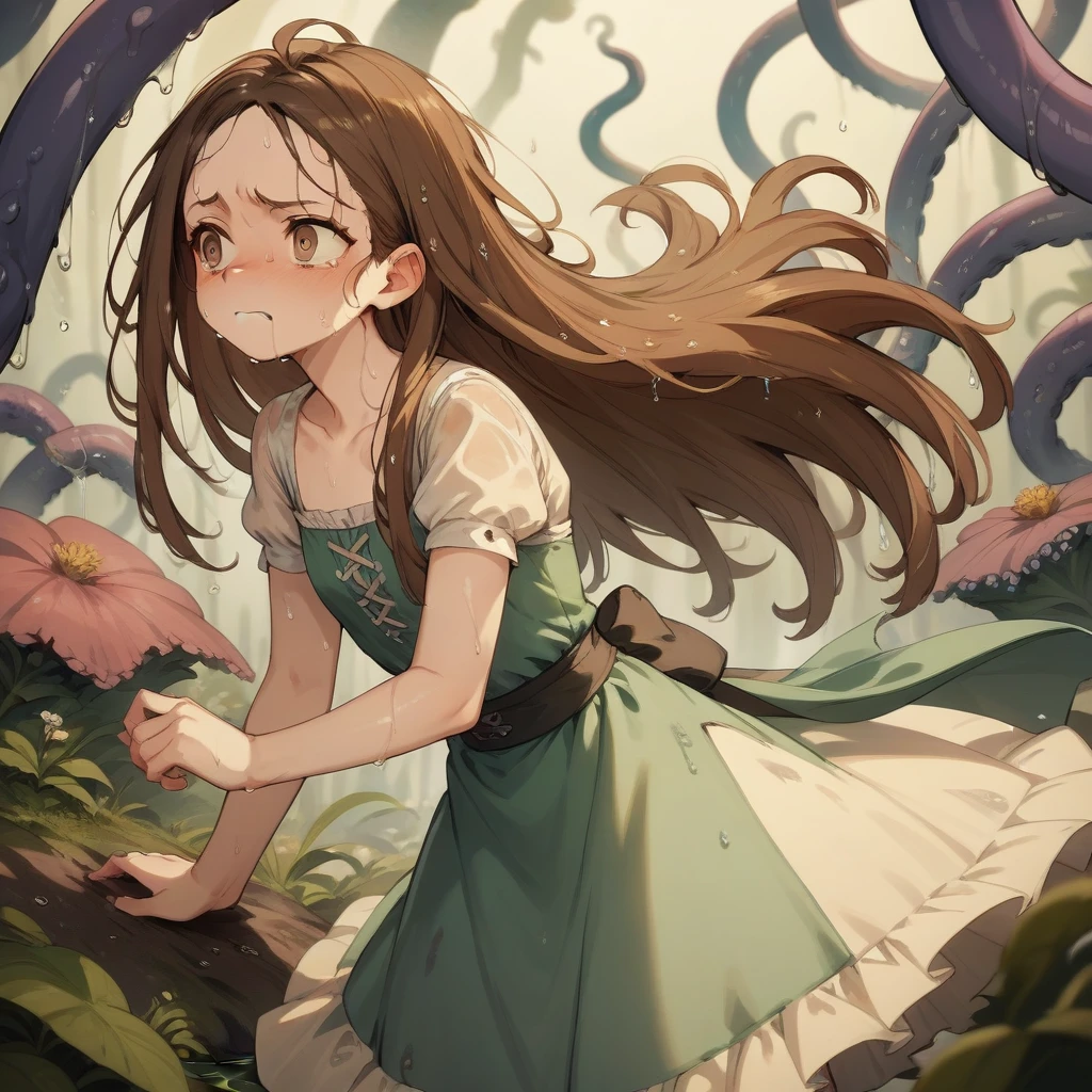 Partly underwater,最high quality,high quality,,Long Hair,Brown Hair,Wet Hair,Flat chest,Dark underground labyrinth,No light,Medieval Long Dress,Painful face,Tentacles in the skirt,Rampage,