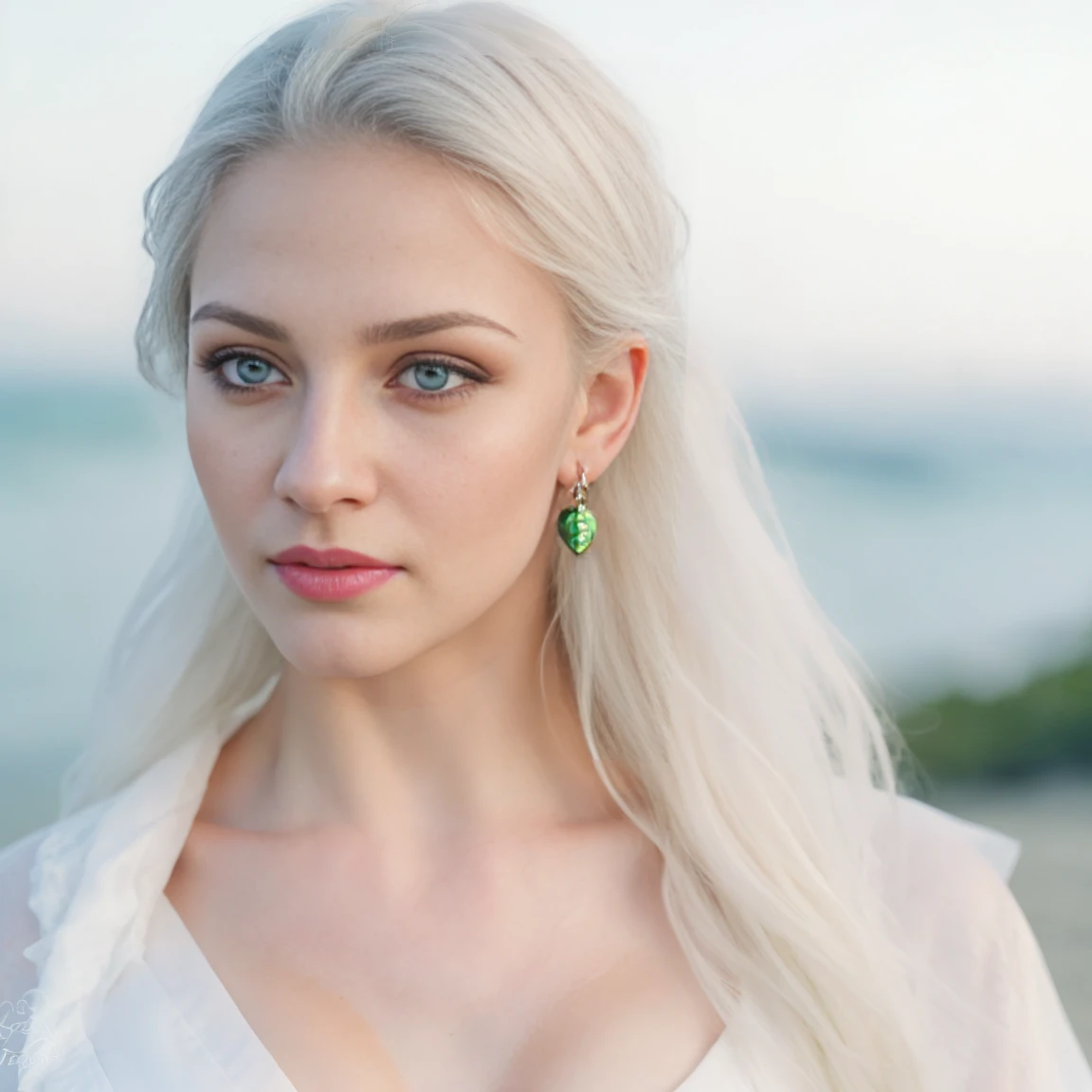 1 russian girl, beautiful detailed eyes, beautiful detailed lips, extremely detailed face and eyes, long eyelashes, ((green eyes)), ((white skin)), hair straightened, ((white hair color)), in beach, rose lips, hd, (pose), ((Chest)), ((covered)), ((extremely detailed eyes)), ((white shirt)), selfie, happy, chest photo, pic, ((no earring)), fix ears