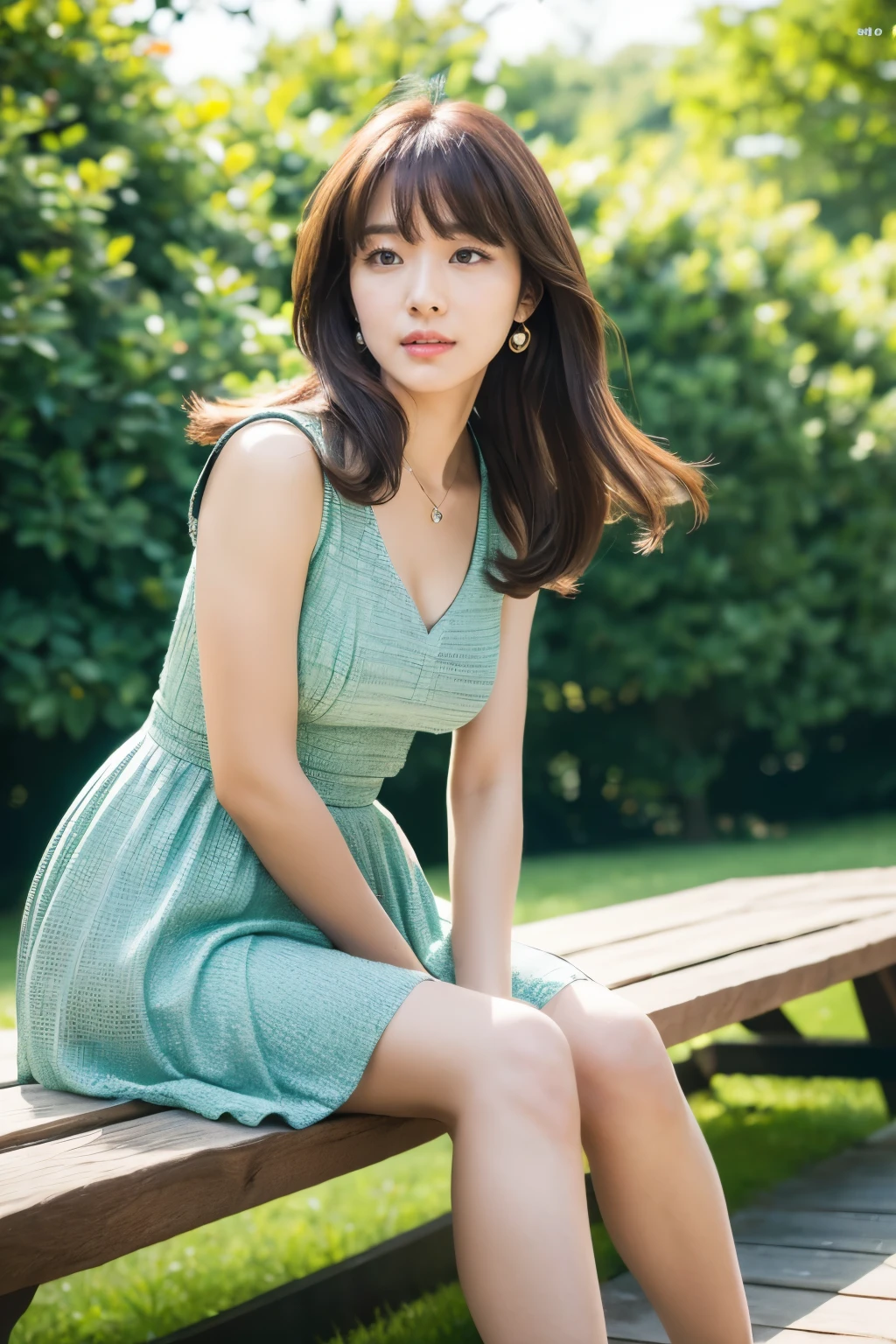  Best Quality, masterpiece, High resolution, Realistic, RAW Photo 8k Wallpaper, perfection, Professional Lighting, Very detailed, Written boundary depth, One girl, Mature, Dark night in the park, formal mini skirt dress、one piece、High heels,Pearl Earrings、Pearl Pendant、 (Look away), Detailed face, beautiful eyes, Sit on a bench, bangs, Shapely small breasts, Light brown straight hair, Green、Flash photography、Angle from below、Strong winds