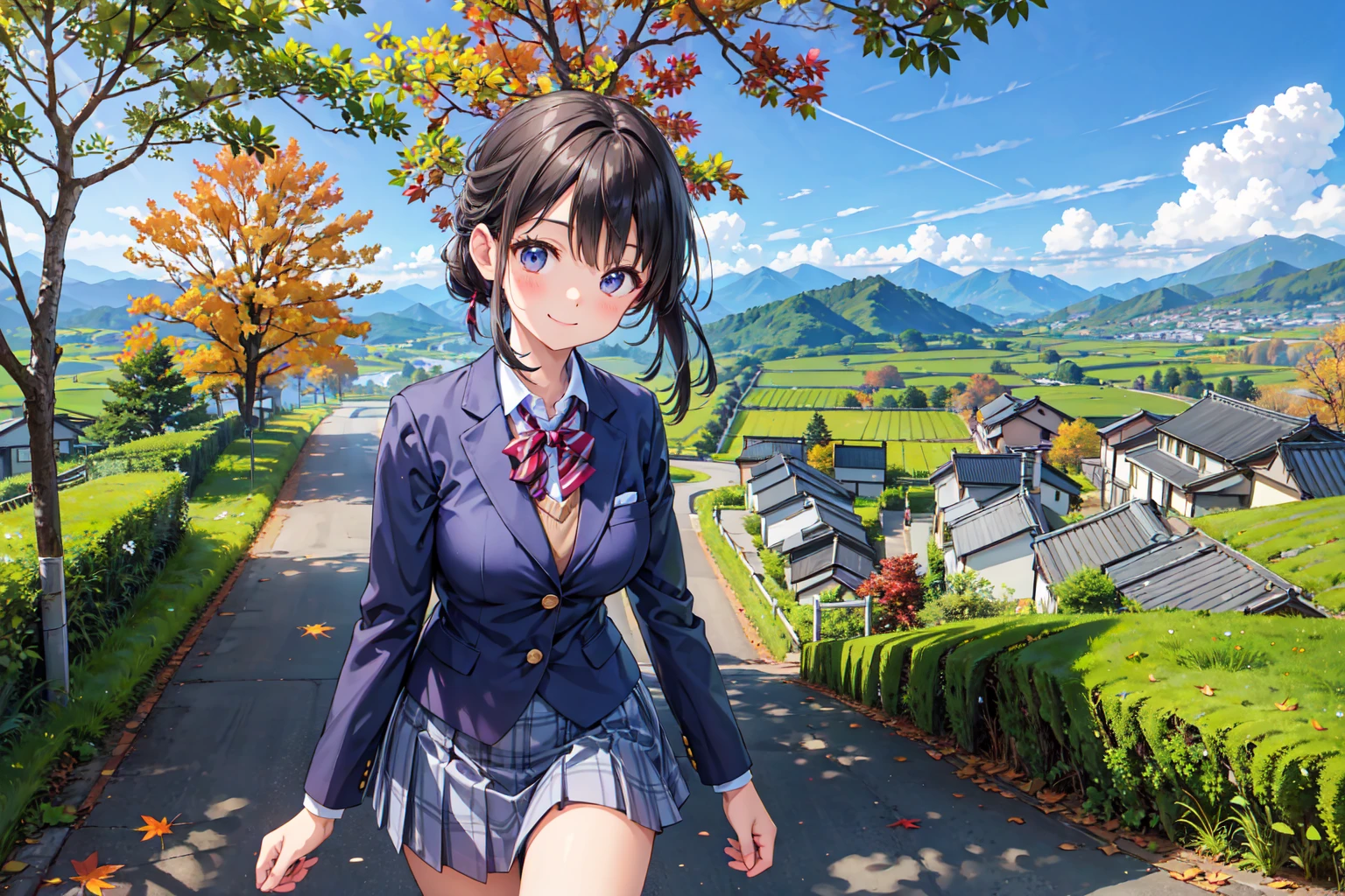 (((Masterpiece, 16k, Highest quality, Ultra-high resolution, Depth of subject))), ((Very detailed, Japanese countryside scenery, Autumn scene)), High school girl in blazer uniform, friend, 3 people, skirt, Big Breasts, Very beautiful and detailed girl, Accurate body structure, Accurate body movements, Very detailedボディ, While chatting, Very cute smile, On the way home, 3pm, Peaceful scenery, Warm sunshine, Very accurate perspective, Wide View