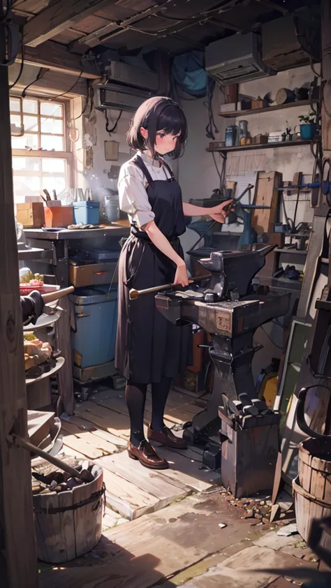 a female swordsmith holding a long-handled hammer:1.25