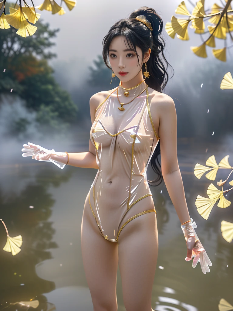 一个有着美丽脸庞的Sexy中国华裔女明星, Wearing avant-garde transparent sci-fi clothes, (((Light theme, Exposing the subject, Sexy主题)))
((Transparent clothes: 1.5), (Revealing clothes: 1.5),  (Wet clothes:1.0), (Color of clothes: Bright pink), ((Wearing transparent clothing)), ((Irregular transparent clothing)))
(((night, Waterfall Hot Spring, Surrounded by fog, Ginkgo tree in autumn, Fallen Leaves, Standing in the water, rain))),
((8K Ultra HD, 8K, Ultra-high resolution, Best quality, Super Fine, Clear focus. Masterpieces, complete pattern, Ultra HD, Detailed photos, Best image quality，Ultra-clear，Delicate facial features，Well-defined, Highly rated works, Close-up depth of field photography, Above the knee, Symmetrical character)), 
((Creating the image of a real girl), Realistic shadows, Soft lighting, Dynamic Angle, Dynamic poses, Elegant Posture, Cowboy lens, Full body front view, Be confident, Facing the camera, Eyes looking towards camera lens, Standing posture, Open your legs slightly, Golden Ratio Graphics, Minimalism, Center the character), 
( Smile, Sexy的, Balanced Eyes, Realistic eyes, Beautiful details of the eyes,Pretty Face, (Realistic face), Normal facial features, Realistic skin, Pay attention to skin details, Skin is clean and radiant, Whitening, Anatomically correct body, Golden ratio figure, Sexy的身材), 
(Perfect makeup, Gloves, earrings, bracelet, necklace, Jewelry, Hair accessories, shawl, sock, Knee socks, 吊garter, Leg ring, garter, 腿部garter), 
((beautiful hair), Dark black hair, Wavy curly hairstyle, Waist-length hair, Messy Hairstyle, Gradient hairstyles, Cyberpunk Hairstyle, High double ponytail hairstyle), 
(Sexy的, Perfect breast shape, Teardrop chest shape, Snow-white breasts, Very detailed breasts, 34C cup), 
(Super high waist, Deep V, Low-cut, Sexy, Flattering, Open crotch, (Clear camel toe, (High fork strangulation))),
(((Clear outline, Clear underwear, 透明Sexy的穿着)))