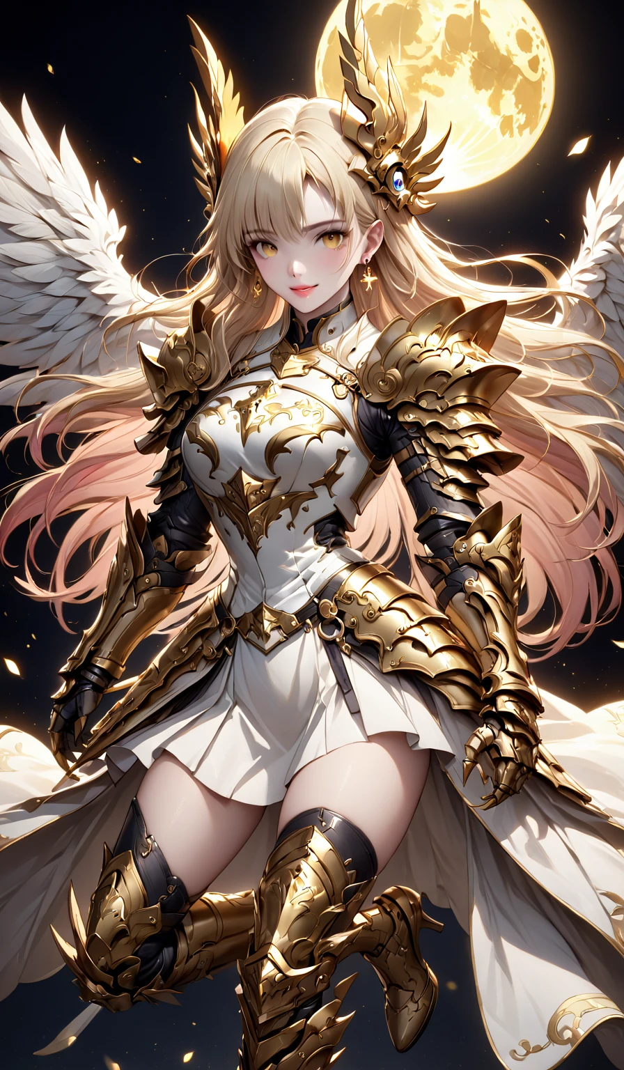 (Perfect Anatomy)、masterpiece、super high quality、 8k、masterpiece、Best Quality、Ultra-high resolution、Highest Resolution、Very detailed、Professional Lighting、woman、smile、so beautiful、Very detailedな目、Very detailedな顔、Gold earrings、blonde, Yellow Eyes、Detailed Armor Patterns、Center of chest,  compensate, Eyeliner, Eyeshadow, Pink Cheeks, Pink Lips,Glossy Lips、 Goddess Armor, Golden open mini skirt , whole body, gold, Extra long golden boots, Golden long gloves, woman格闘家, High heels, Gauntlets with golden claws, Golden cute headgear, Gold knee pads,Night view、Starry Sky、Big yellow moon、full moon、break、(((arms)))、break、(((sword)))、(((swordを構える)))、break、(((両手で地面にswordを刺す)))、Above the knee、View from the front、