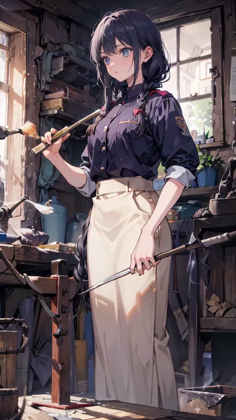 ((a female swordsmith holding a long-handled hammer:1.25,wearing a uniform,teenage girls,muscular girl,soft looking lips,glossy ...