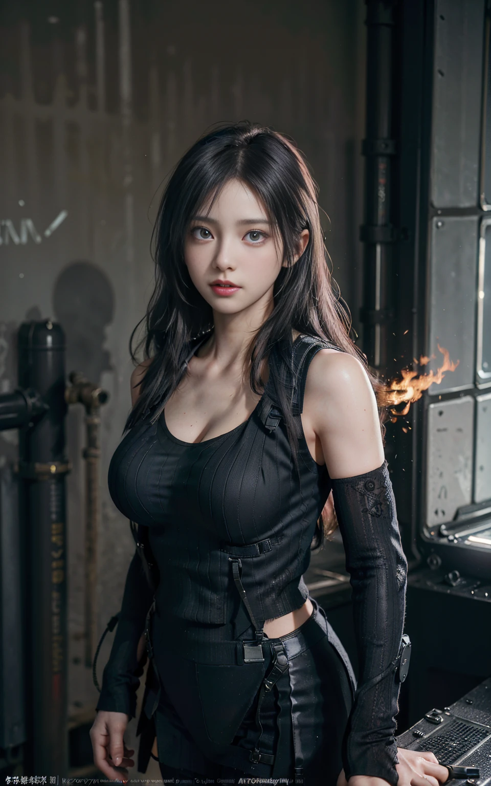 (8k, RAW Photos, Best Quality, Learning:1.2), (Realistic, photo-Realistic:1.37),(K-Pop Idols), (aegyo sal:1),cute,Professional Lighting, Cleavage、Busty:1.2,Photon Mapping, Radio City, Physically Based Rendering, Lucy \(Cyberpunk\), Long Hairstyles, Machinery Parts, (Wearing a rash guard and preferring a police uniform, Black and grey mech, Wearing a high-tech heavy gas mask, Military Harness, Has a machine gun, Carrying a high-tech flame-throwing tank), View your viewers, The background is a simple gray wall, 8k high resolution, 8k, CG wallpaper, Realistic, Vivid background, Medium, Full Body Lesbian