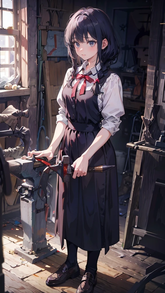 ((Blacksmith schoolgirl:1.25,Teenage Girls,Muscular girl,Soft looking lips,Glossy skin,Hair is braided,Soft-looking skin:1.25,Hair Ribbon,Hair is braided,Hammer in right hand,Sword in left hand)),(8k, Best Quality, masterpiece: 1.2, masterpiece, Attention to detail,Very detailed), Light color,Line art,Long sword