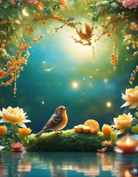 serene 3d scene of a small bird sitting on a full crescent moon, surrounded by lush foliage and a scattering of mooncakes. the o...