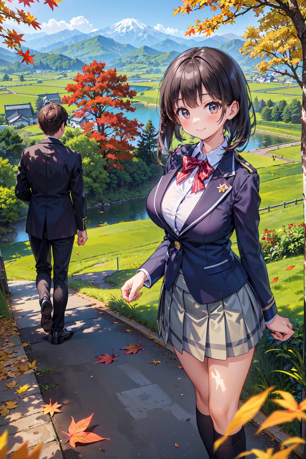 (((Masterpiece, 16k, Highest quality, Ultra-high resolution, Depth of subject))), ((Very detailed, Japanese countryside scenery, autumn leaves)), (((High school girl in blazer uniform, friend, 3 people, skirt, Big Breasts))), While chatting, Very cute smile, On the way home, 3pm, Peaceful scenery, Warm sunshine, Very accurate perspective, Super Wide View