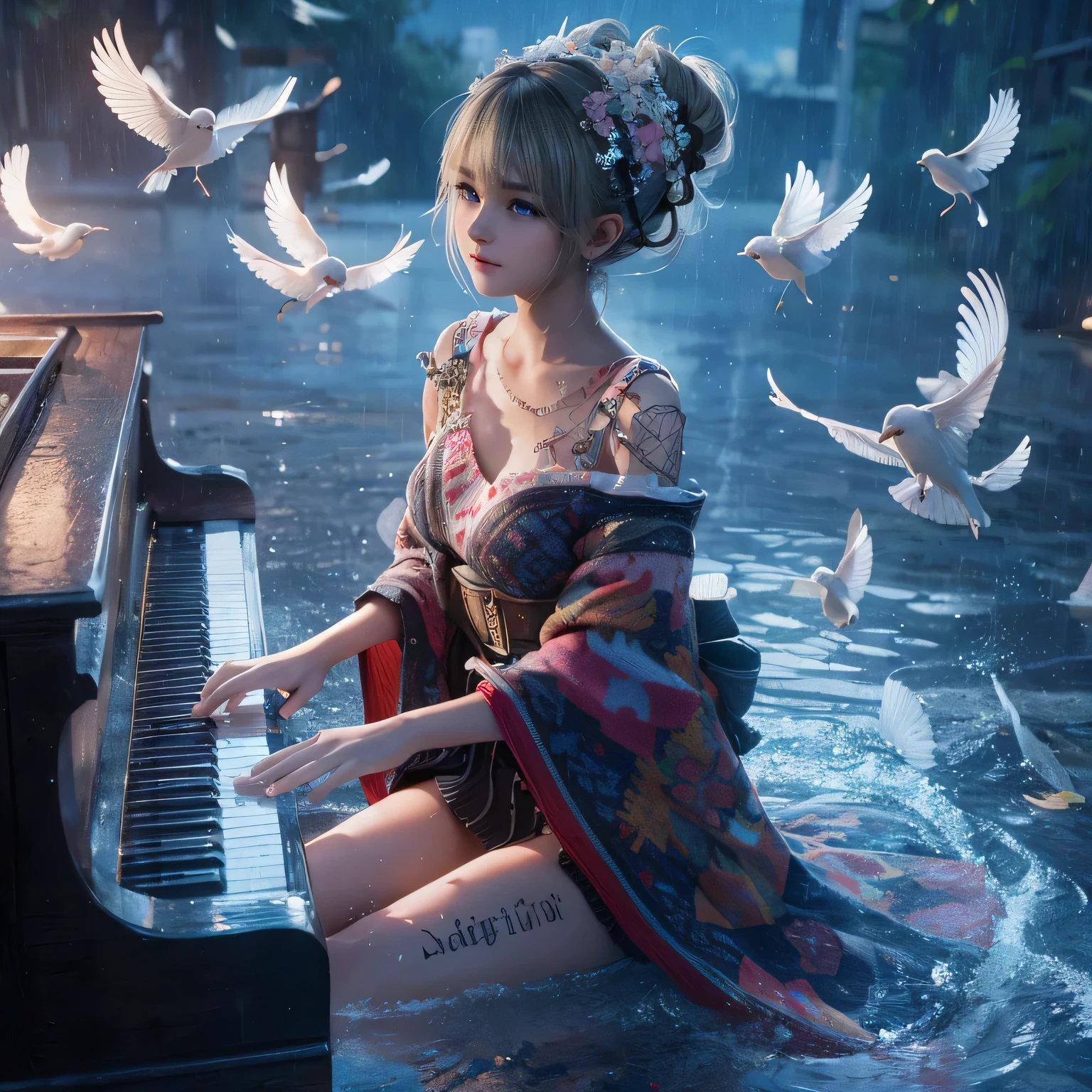 Playing drum, Marie rose, 12yo, adorable girl, child face, Marie rose, Blonde hair, Double buns, (((Oversized Knit dress))), Selfie, standing, perfect body, Looking at viewer, Garden, (high saturation:1.0),  (extremely detailed skin), (best quality:1.0), (ultra highres:1.0) ,(photo realistic:1.0), (ultra detailed:1.0), (8k, RAW photo:1.1),(see-through:1), (smile, looking at viewer:1), ((Natural huge tits)), Blonde hair, Double buns, Masterpiece, 