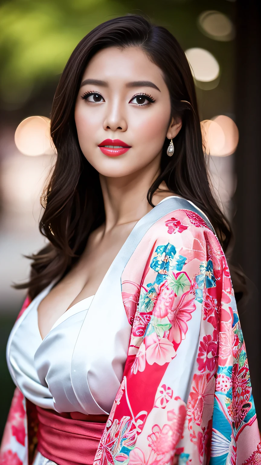 Realistic, Highest quality, 8k, woman, 20-year-old, Sakura pattern kimono, Large Bust, Long Hair, Ultra-detailed skin textures, Soft Lighting, Fairy, Bokeh, Red Lipstick, Sensual Lipstick, Sensational Make up 