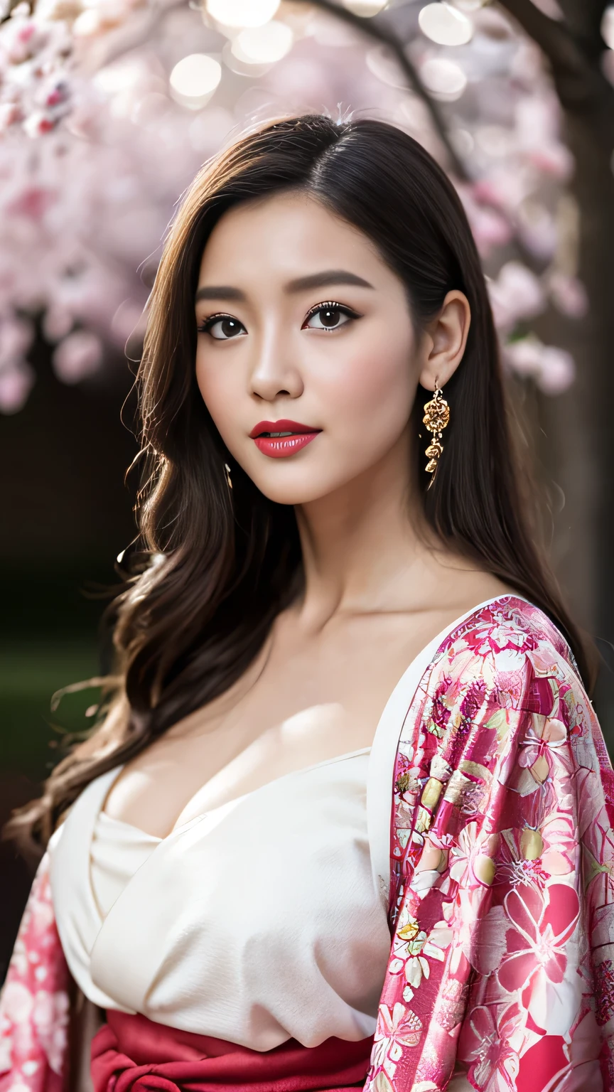 Realistic, Highest quality, 8k, woman, 20-year-old, Sakura pattern kimono, Large Bust, Long Hair, Ultra-detailed skin textures, Soft Lighting, Fairy, Bokeh, Red Lipstick, Sensual Lipstick, Sensational Make up 