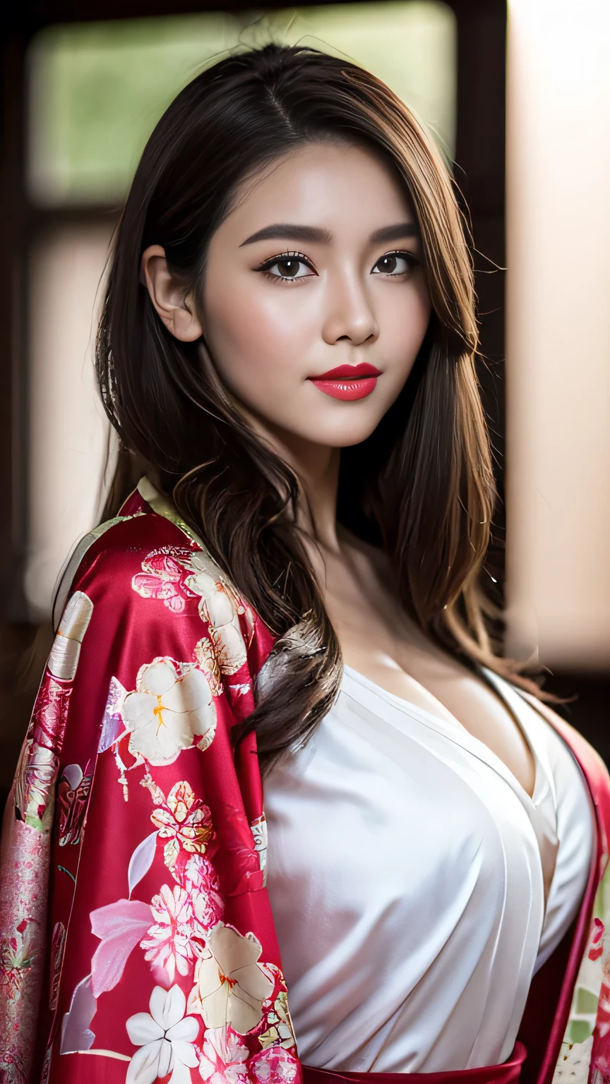 Realistic, Highest quality, 8k, woman, 20-year-old, Sakura pattern kimono, Large Bust, Long Hair, Ultra-detailed skin textures, Soft Lighting, Fairy, Bokeh, Red Lipstick, Sensual Lipstick, Sensational Make up 