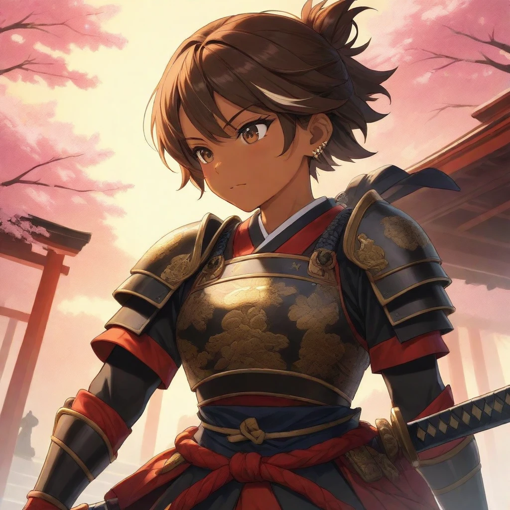 (masterpiece, best quality,dynamic angle,Dutch angle shot),1women,Ancestor,short tied brown hair, streaks of gray, piercing amber eyes, determined expression, sun-kissed tan skin, muscular and athletic build, ornate samurai armor, standing tall with sword in hand, cherry blossoms falling in the background, golden hour light, vibrant and bold colors, high contrast lighting, wide angle, proud and heroic atmosphere