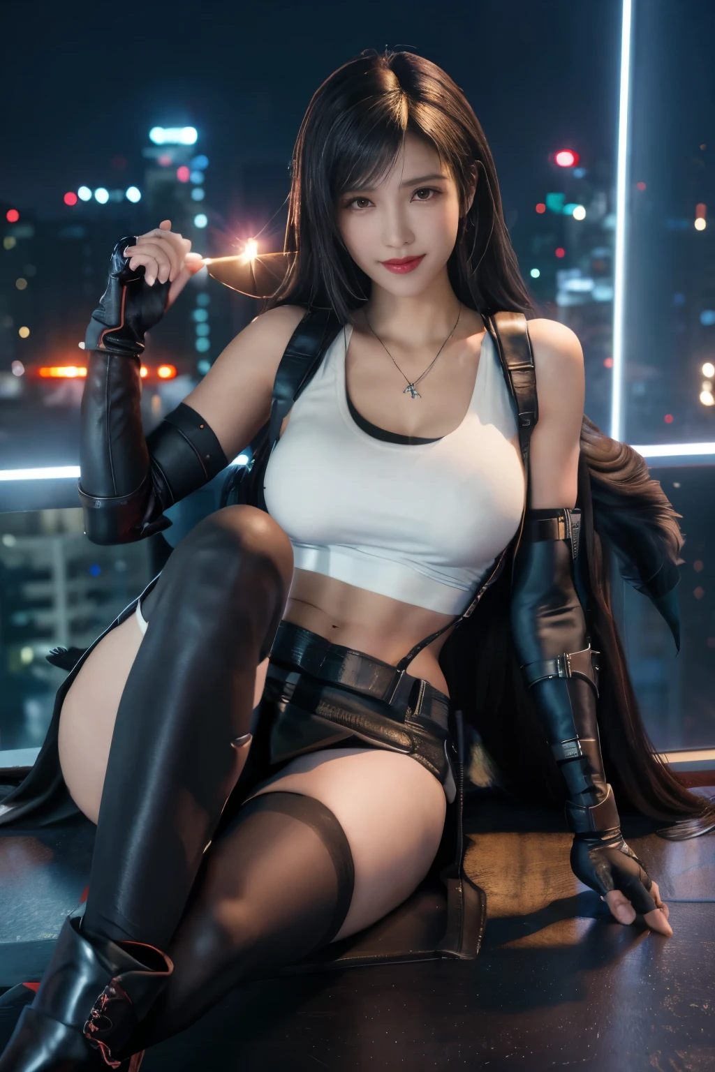 (8K, best quality, masterpiece:1.2), (actual, photo-actual), Super detailed, 1 girl,Lovely, alone, (Tifa Lockhart), (huge breasts), (Smile:1.2), (Keep your mouth shut), posture, 摆posture, neon lights, city View, depth of field, depth of field, good composition, Final Fantasy VII, ankle boots, black hair, black Raise your legs high, Red boots, Elbow gloves, Elbow pads, fingerless gloves, tight shirt, Good at sports, (Suspenders attached to skirt), Raise your legs high, (white vest), whole body, Very long hair, ((Red_Eye)), flower, (night), Bokeh, movie lighting, National Science Foundation, perfect breasts, sakimychan style，Huge bresats，，Smile，necklace (pechos descubiertos)