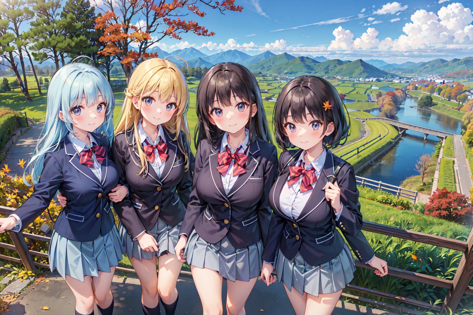 (((Masterpiece, 16k, Highest quality, Ultra-high resolution, Depth of subject))), ((Very detailed, Japanese countryside scenery, Autumn scene)), (((High school girl in blazer uniform, 3 people, Friends, skirt, Big Breasts))), While chatting, Very cute smile, On the way home, 3pm, Peaceful scenery, Warm sunshine, Very accurate perspective, Wide View