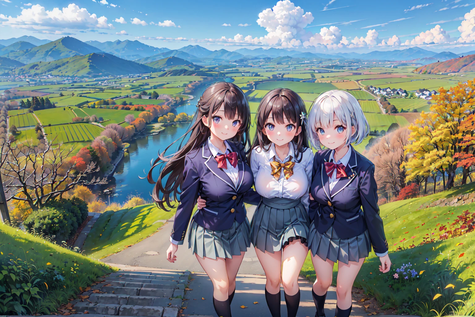 (((Masterpiece, 16k, Highest quality, Ultra-high resolution, Depth of subject))), ((Very detailed, Japanese countryside scenery, Autumn scene)), (((High school girl in blazer uniform, 3 people, Friends, skirt, Big Breasts))), While chatting, Very cute smile, On the way home, 3pm, Peaceful scenery, Warm sunshine, Very accurate perspective, Wide View