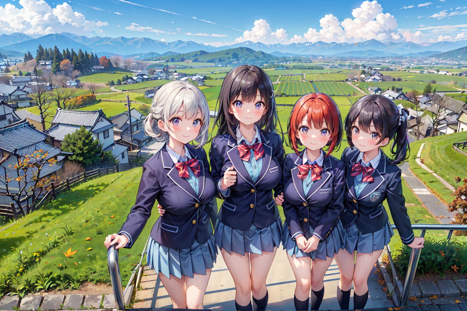 (((Masterpiece, 16k, Highest quality, Ultra-high resolution, Depth of subject))), ((Very detailed, Japanese countryside scenery, Autumn scene)), (((High school girl in blazer uniform, 3 people, Friends, skirt, Big Breasts))), While chatting, Very cute smile, On the way home, 3pm, Peaceful scenery, Warm sunshine, Very accurate perspective, Wide View