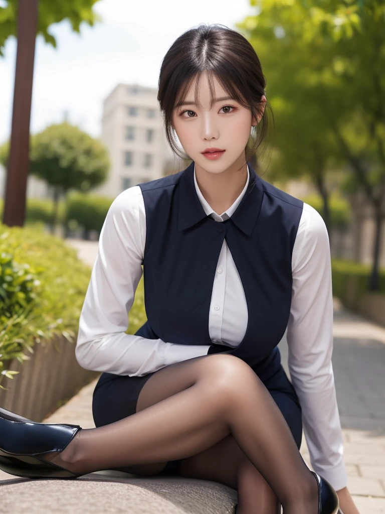 Best quality, full body portrait, delicate face, pretty face,  woman, slim figure, large bust, OL uniform, office clothes, navy black stockings, outdoor scene, sitting position, 1girl, shirt_lift,bag,background,high-end high heels
