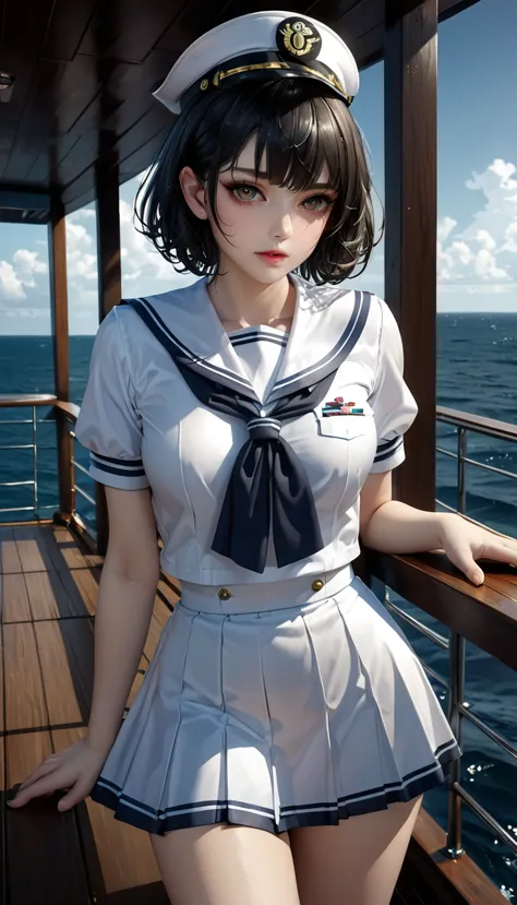 cool beauty marines sailors, glossy silky messy wavy short hair, striking beautiful eyes, fascinating, make-up, amorous and lewd...