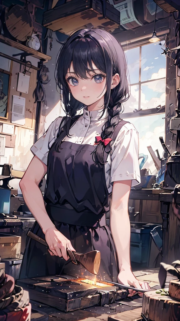 (Blacksmith girl student, Teenage Girls, Muscular girl, Soft lips, Glowing Skin, Braided Hair, Soft Skin:1.25, Hair Ribbon, Braided Hair, Sharpening a dagger),(8k, Best Quality, masterpiece:1.2, masterpiece, Extremely detailed, Very detailed), Vibrant colors, Line art