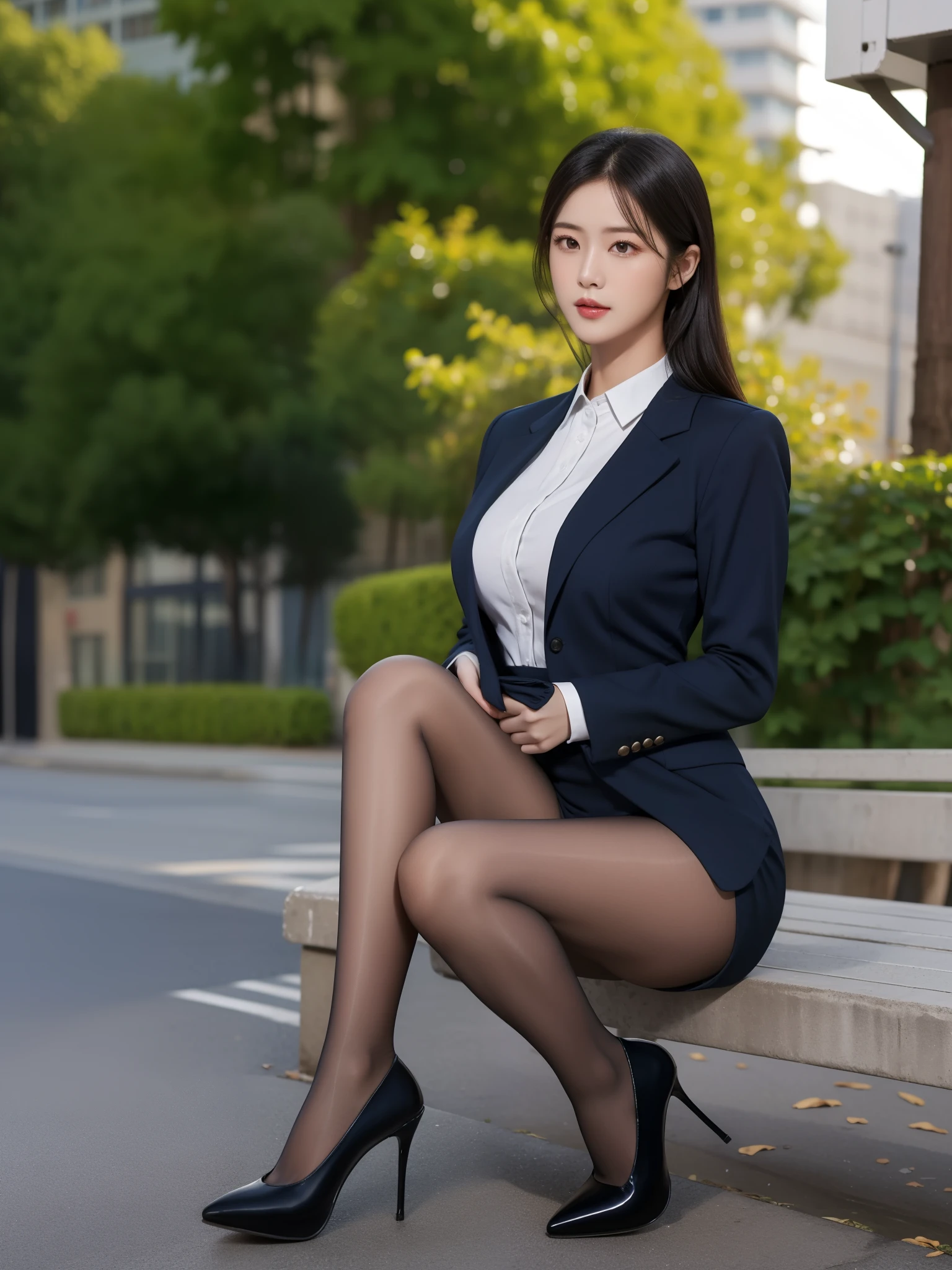 Best quality, full body portrait, delicate face, pretty face,  woman, slim figure, large bust, OL uniform, office clothes, navy black stockings, outdoor scene, sitting position, 1girl, shirt_lift,bag,background,high-end high heels
