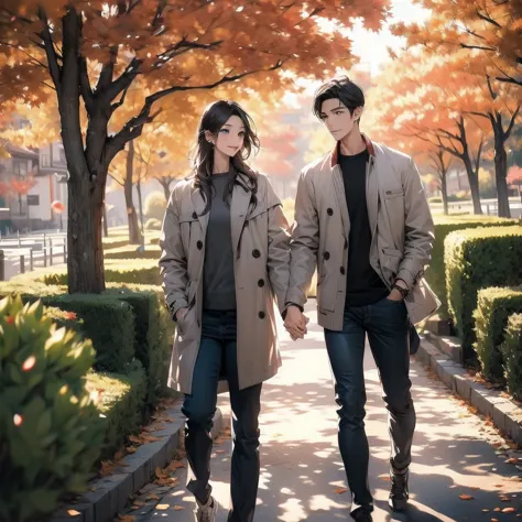 couple walking hand in hand、autumn scenery、