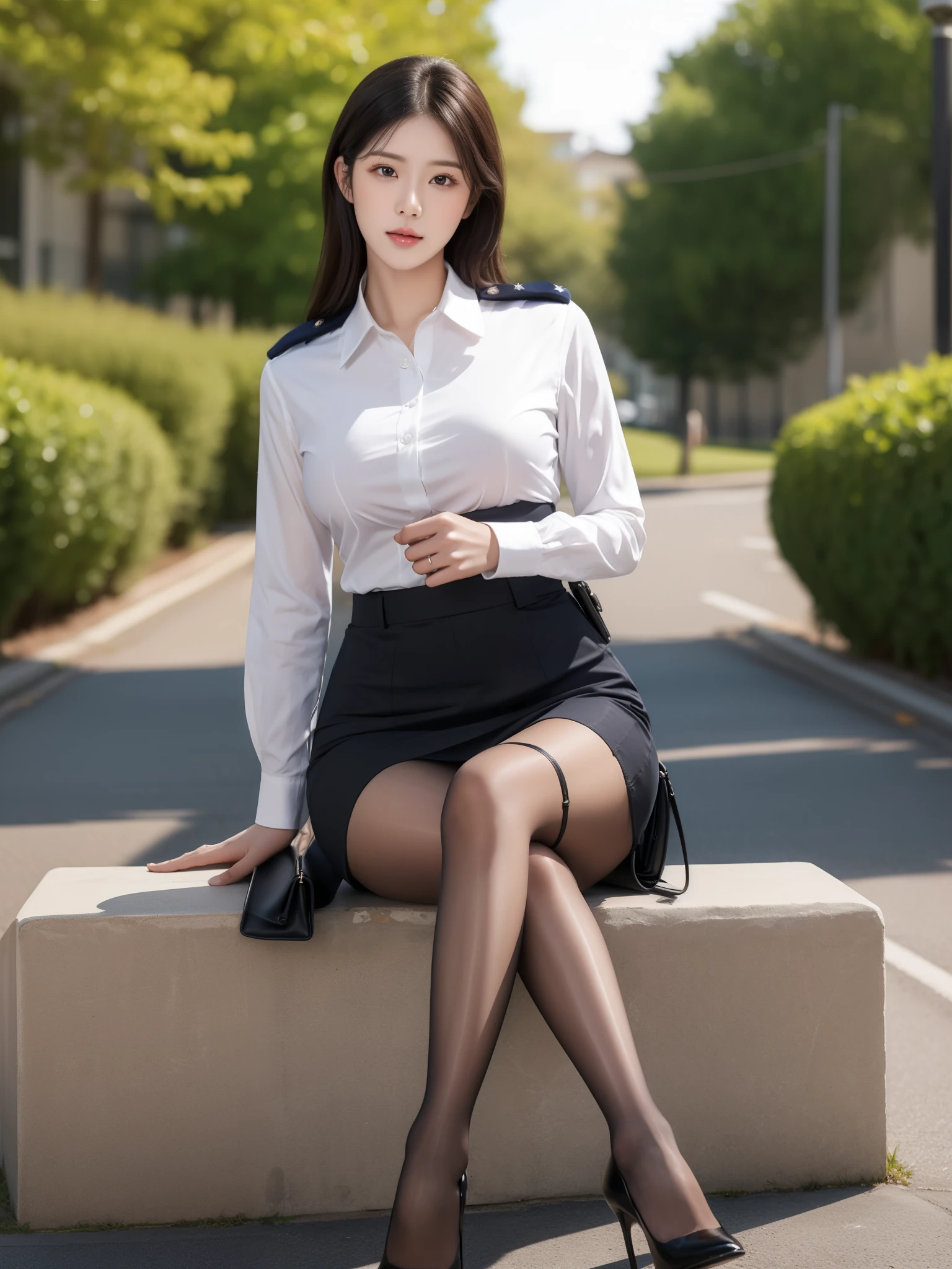 Best quality, full body portrait, delicate face, pretty face,  woman, slim figure, large bust, OL uniform, office clothes, police black stockings, outdoor scene, sitting position, 1girl, shirt_lift,bag,background,high-end high heels
