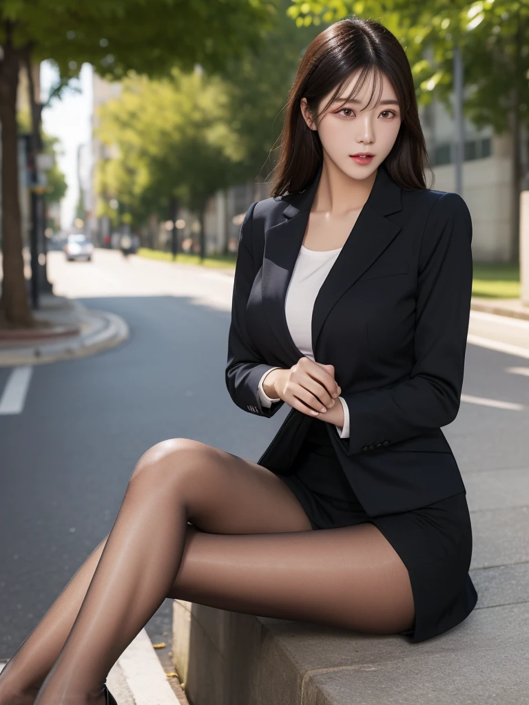 Best quality, full body portrait, delicate face, pretty face,  woman, slim figure, large bust, OL uniform, office clothes, police black stockings, outdoor scene, sitting position, 1girl, shirt_lift,bag,background,high-end high heels
