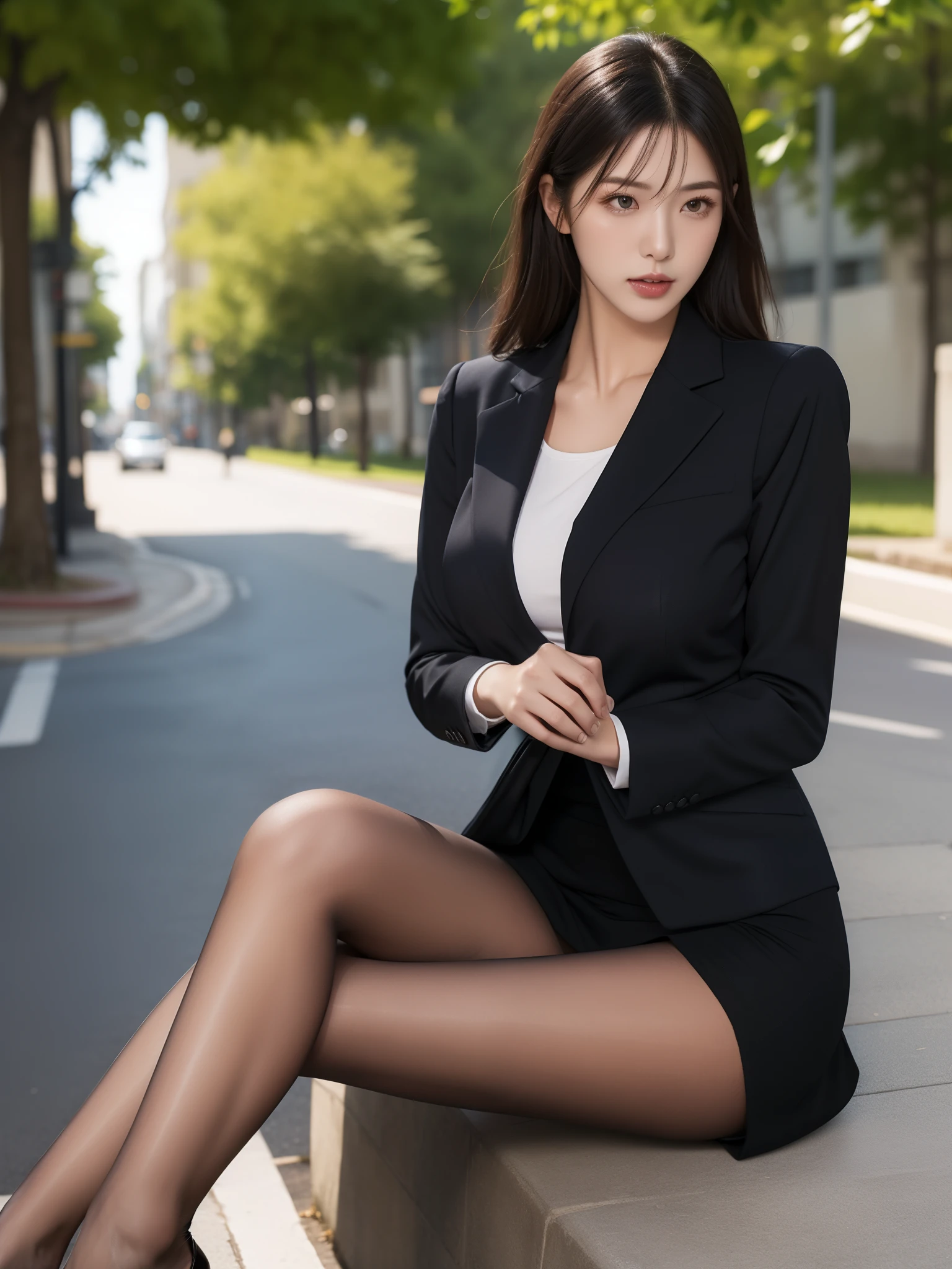 Best quality, full body portrait, delicate face, pretty face,  woman, slim figure, large bust, OL uniform, office clothes, police black stockings, outdoor scene, sitting position, 1girl, shirt_lift,bag,background,high-end high heels
