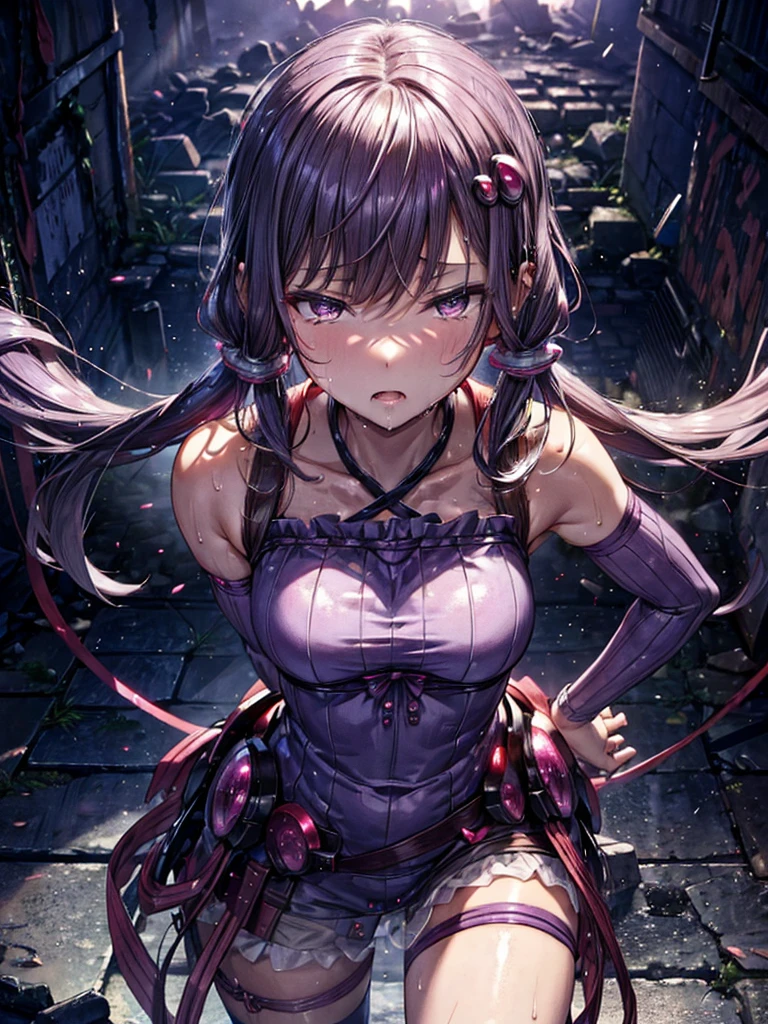 Detailed, yuzuki yukari, gloss, sweaty, saliva, relax, First-person view, Mysterious atmosphere, In the ruins, stand, Ear piercing, Seductive pose, , Clothes that show your body lines,  Cut-in, eye opening (1)