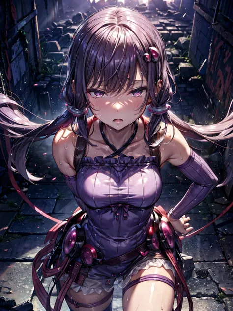 detailed, yuzuki yukari, gloss, sweaty, saliva, relax, first-person view, mysterious atmosphere, in the ruins, stand, ear pierci...