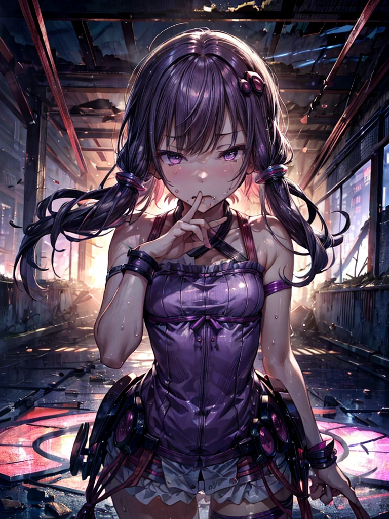 Detailed, yuzuki yukari, gloss, sweaty, saliva, relax, First-person view, Mysterious atmosphere, In the ruins, stand, Ear piercing, Seductive pose, , Clothes that show your body lines,  Cut-in, eye opening (1)