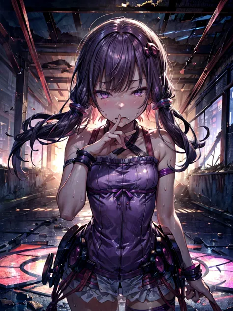 detailed, yuzuki yukari, gloss, sweaty, saliva, relax, first-person view, mysterious atmosphere, in the ruins, stand, ear pierci...