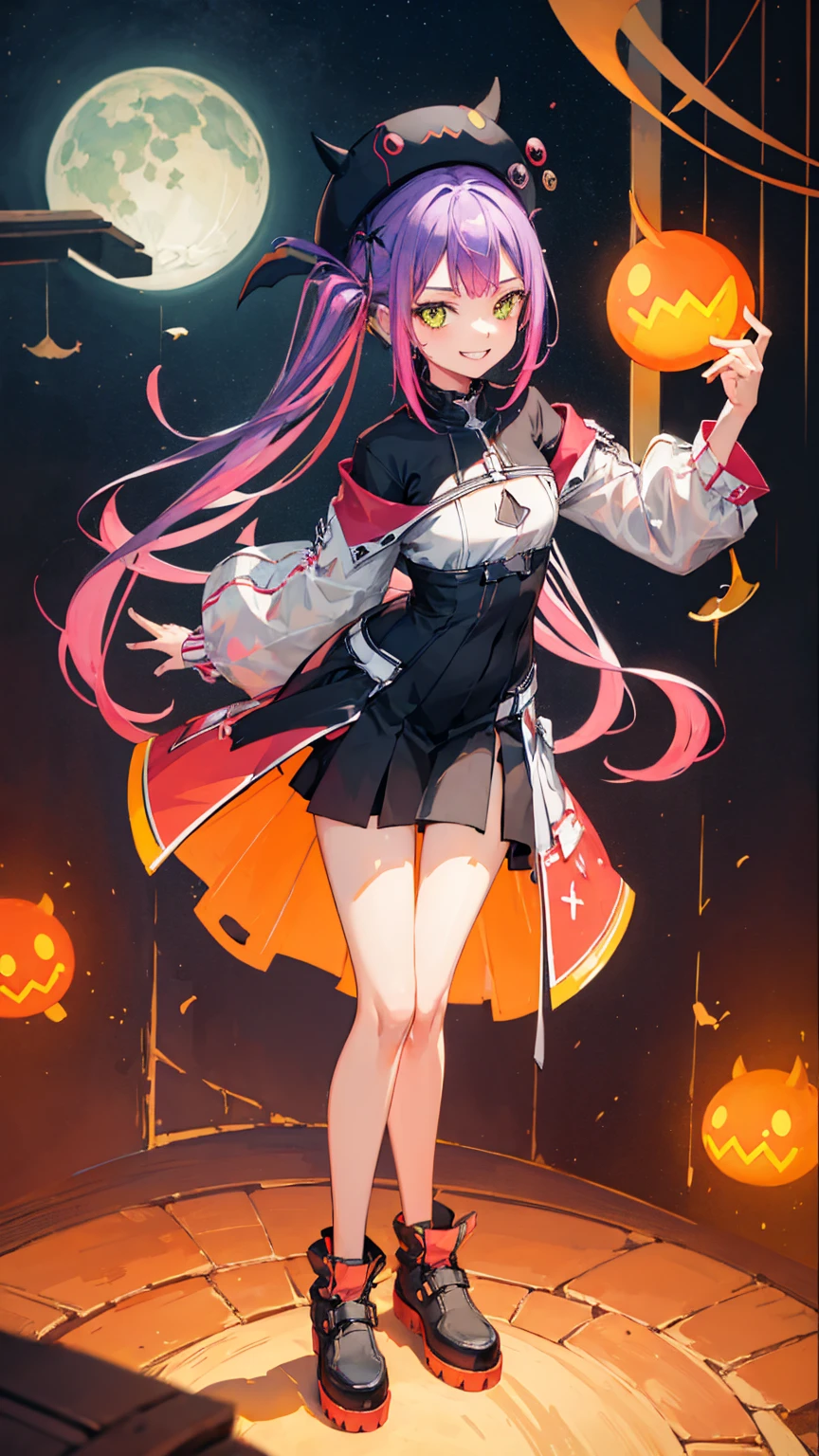 Towa from Hololive with her orange and red witch-style outfit smiling, Full body image, clear and with a cute witch hat.